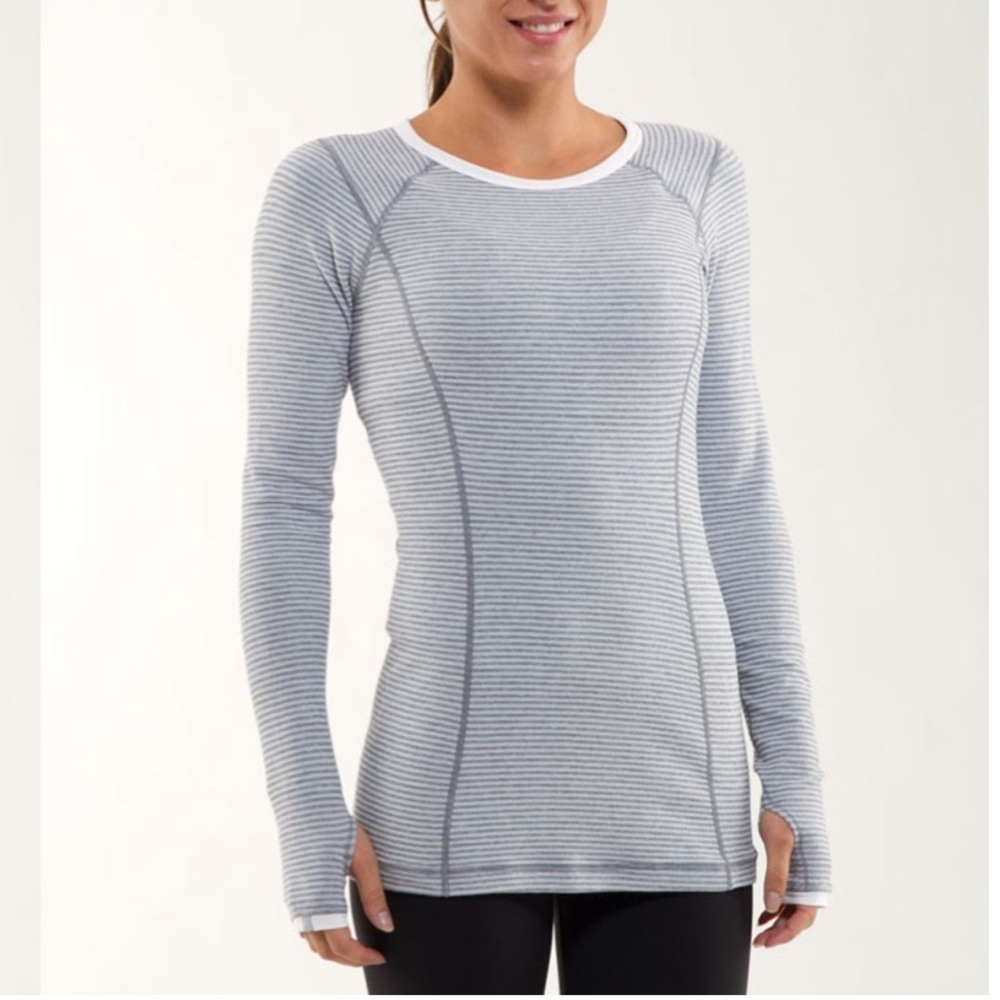 lululemon Run Turn Around Striped Long Sleeve White Heathered Grey Sz 8